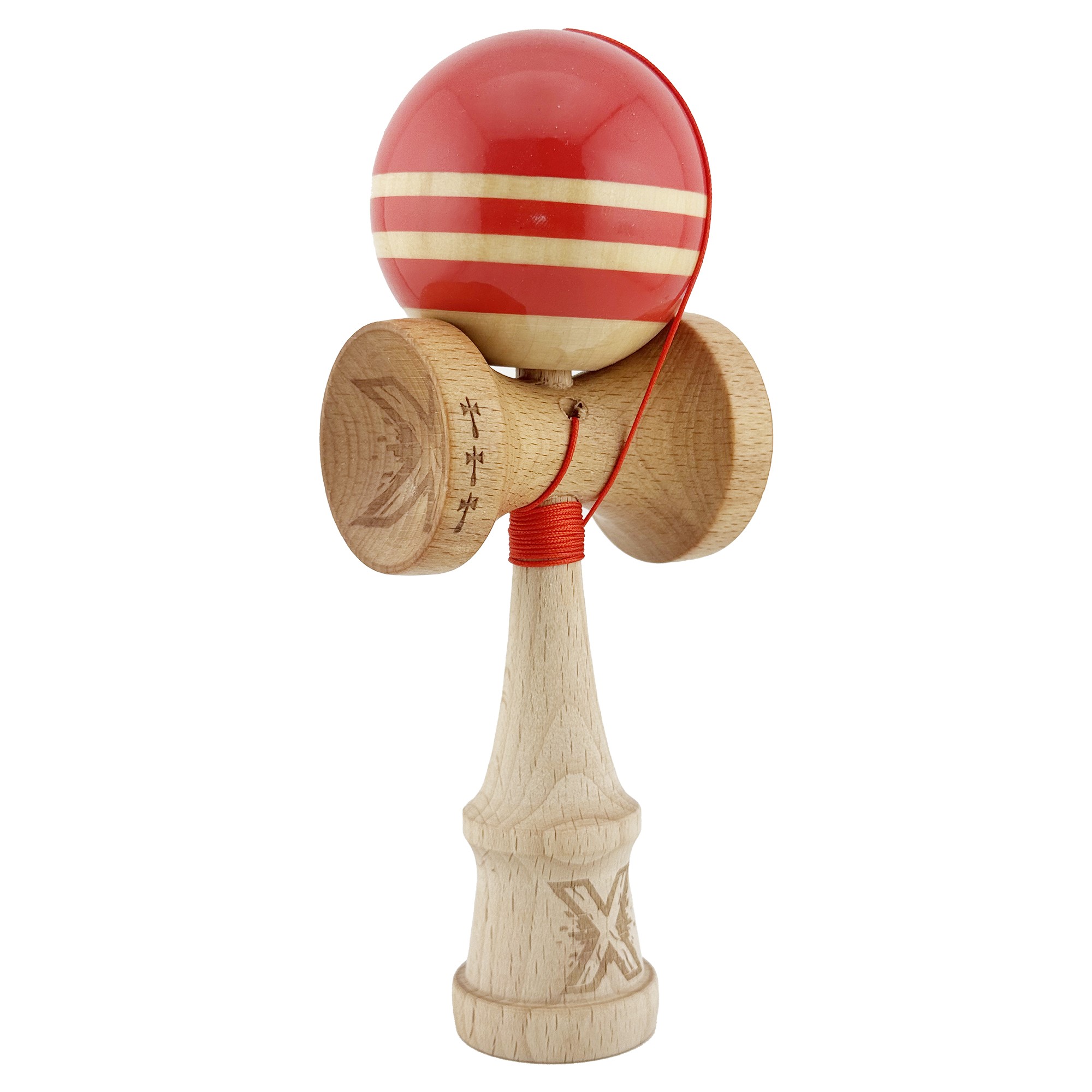 Kendama X Rainbow Originala, Profesionala, Big Cups V2, Super Sticky cu Cupe Mari, Rulment Metalic, din lemn 18 cm, Ata 55 cm, Rosu/Maro [1]