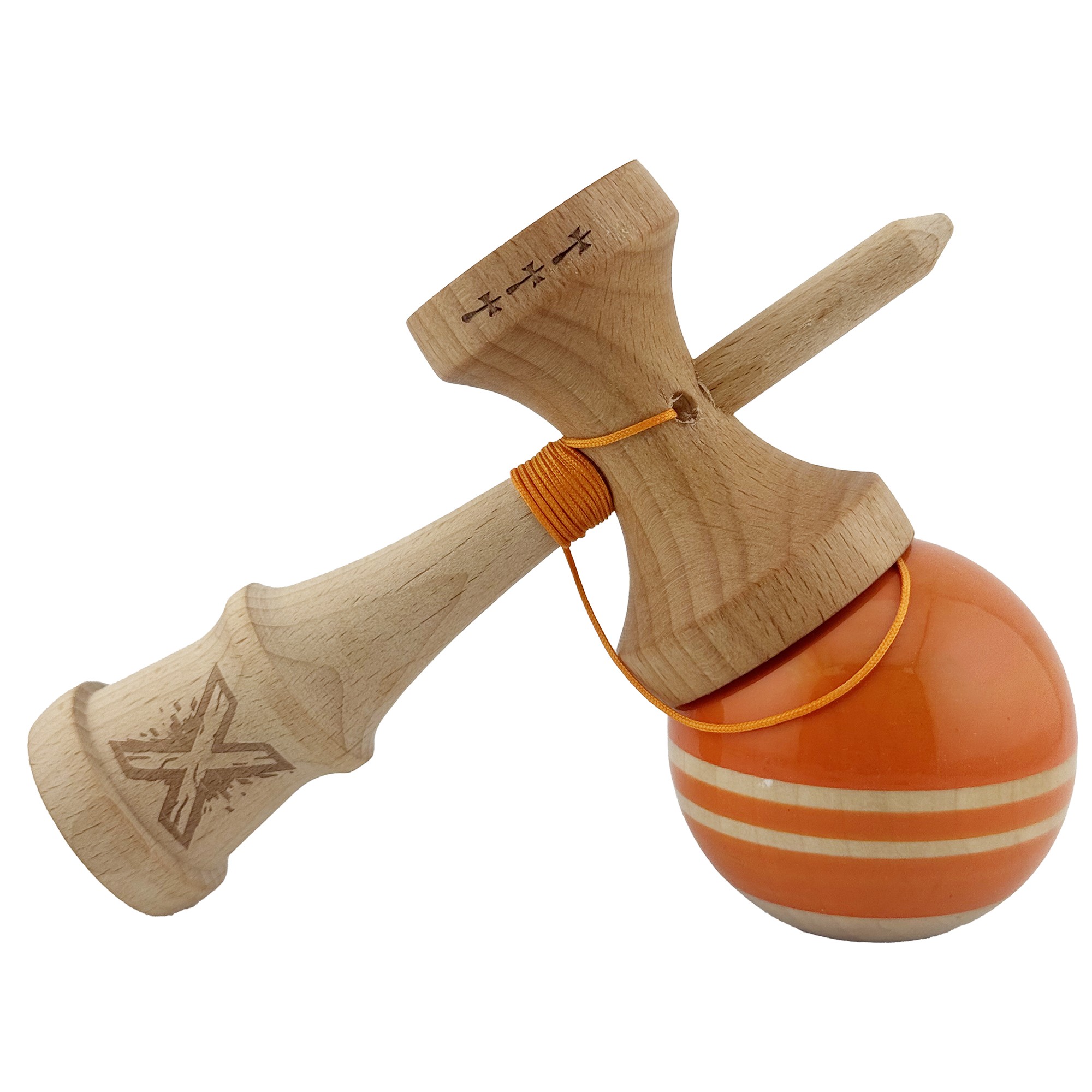 Kendama X Rainbow Originala, Profesionala, Big Cups V2, Super Sticky cu Cupe Mari, Rulment Metalic, din lemn 18 cm, Ata 55 cm, Portocaliu/Maro [3]