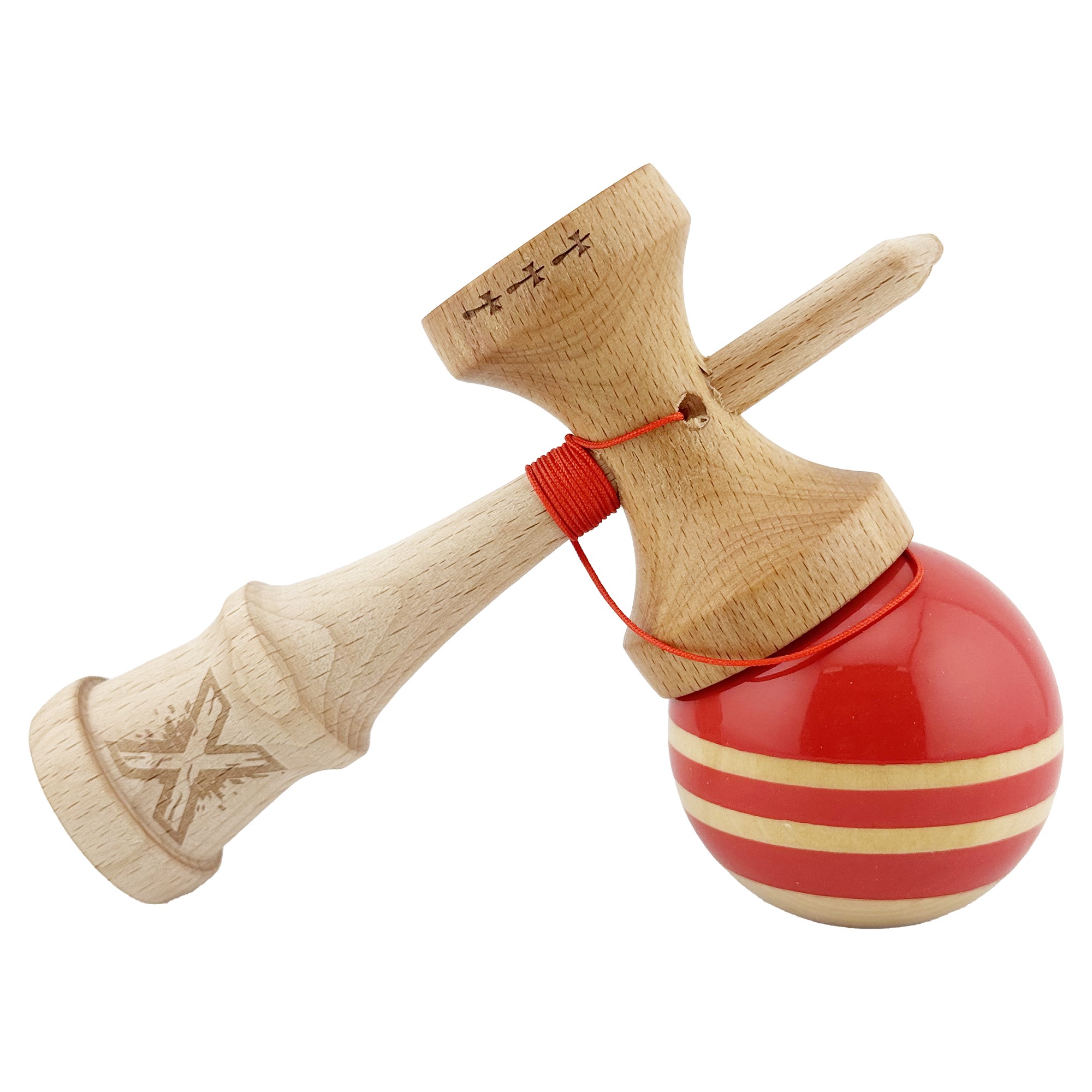 Kendama X Rainbow Originala, Profesionala, Big Cups V2, Super Sticky cu Cupe Mari, Rulment Metalic, din lemn 18 cm, Ata 55 cm, Rosu/Maro [3]