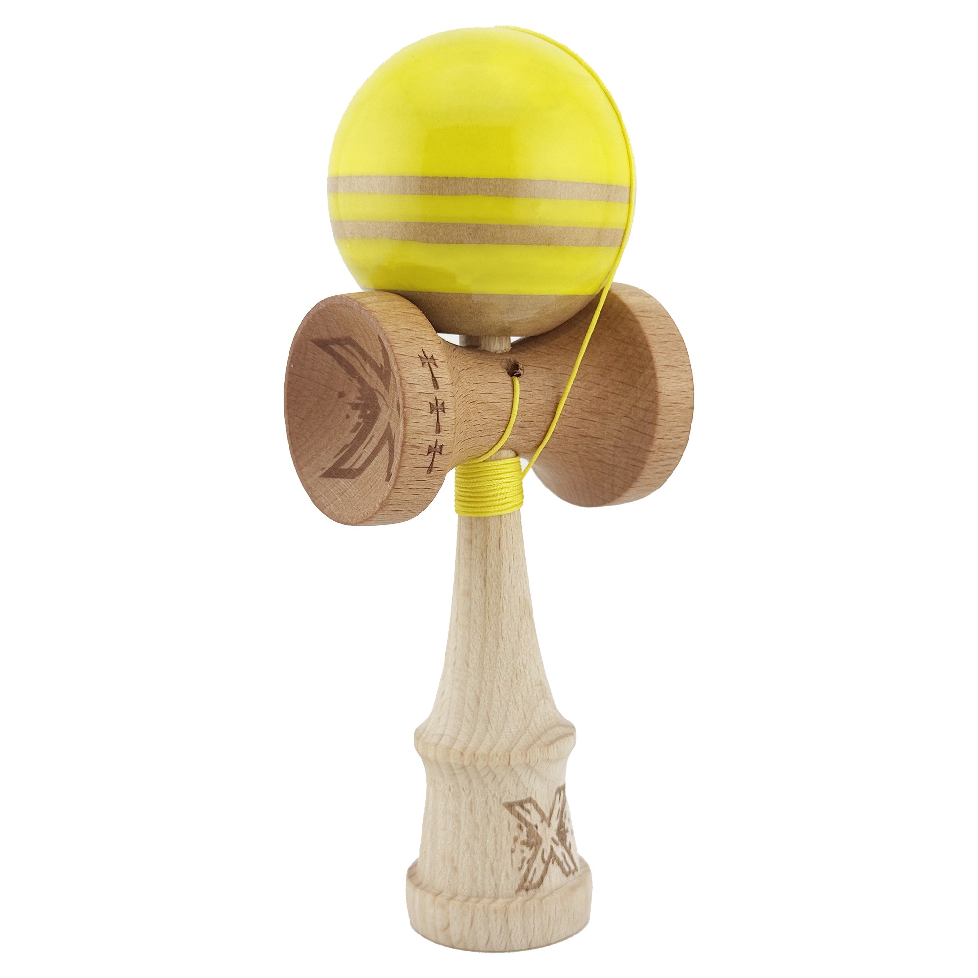 Kendama X Rainbow Originala, Profesionala, Big Cups V2, Super Sticky cu Cupe Mari, Rulment Metalic, din lemn 18 cm, Ata 55 cm, Galben/Maro [1]