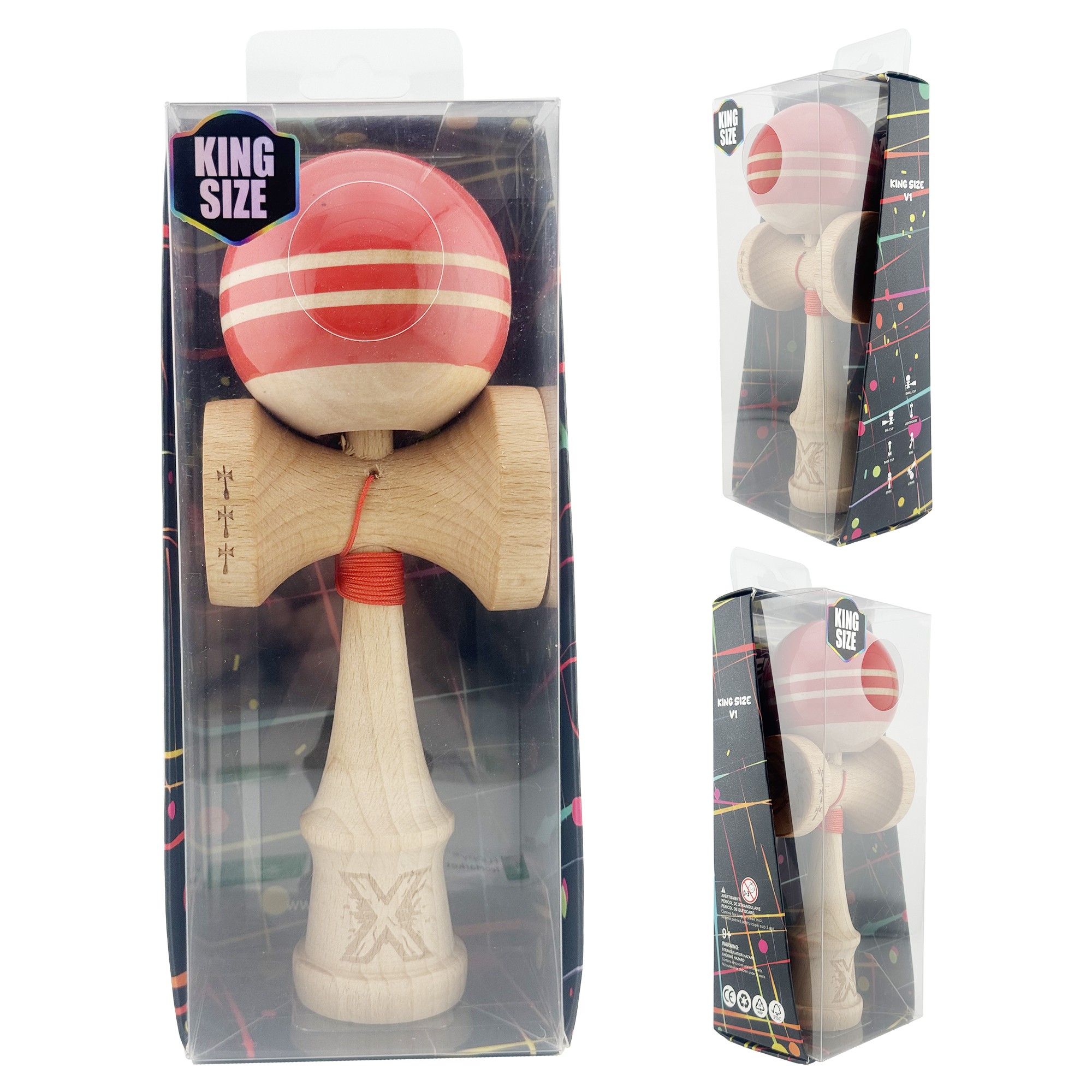 Kendama X Rainbow Originala, Profesionala, Big Cups V2, Super Sticky cu Cupe Mari, Rulment Metalic, din lemn 18 cm, Ata 55 cm, Rosu/Maro [9]