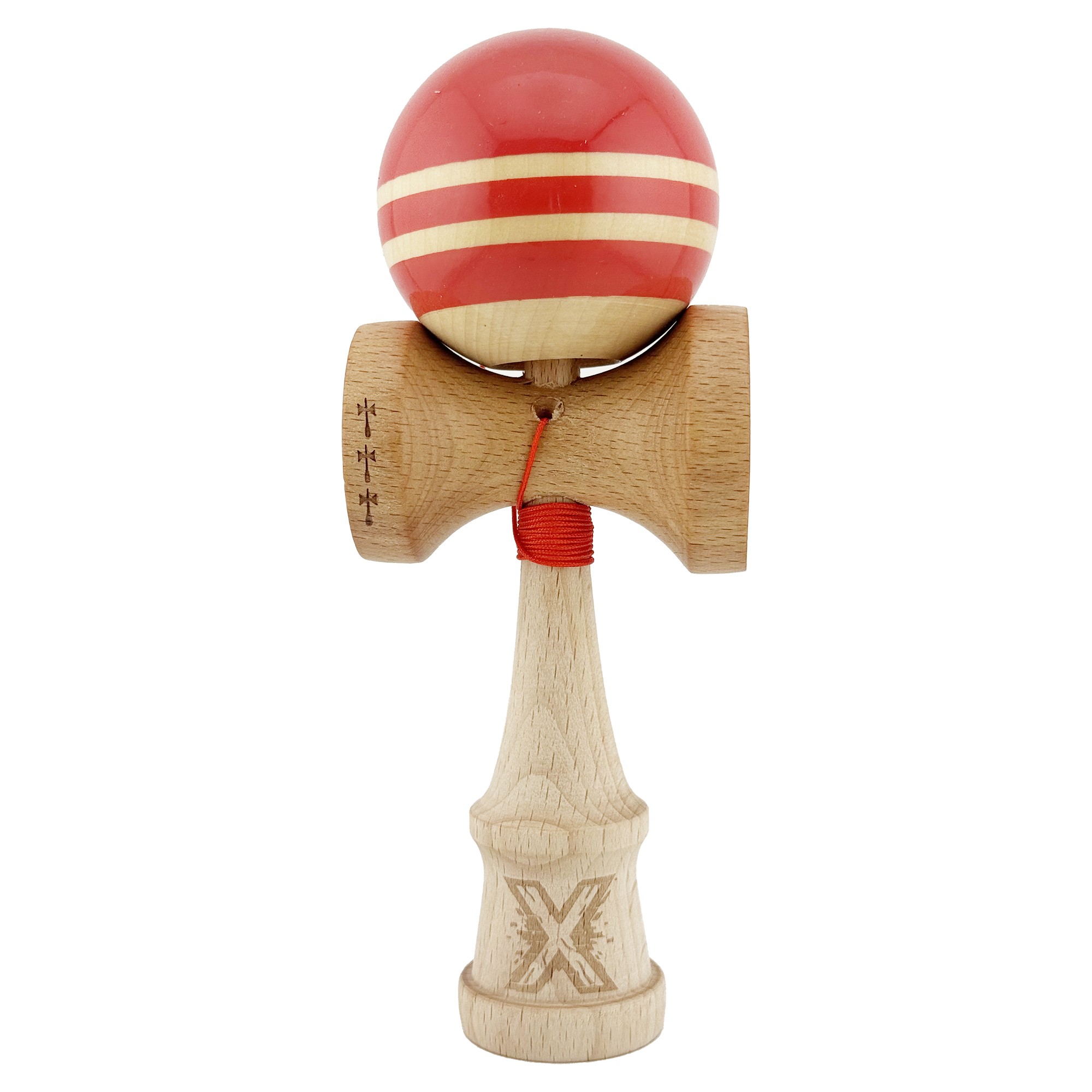 Kendama si Spinnere - Kendama X Rainbow Originala, Profesionala, Big Cups V2, Super Sticky cu Cupe Mari, Rulment Metalic, din lemn 18 cm, Ata 55 cm, Rosu/Maro