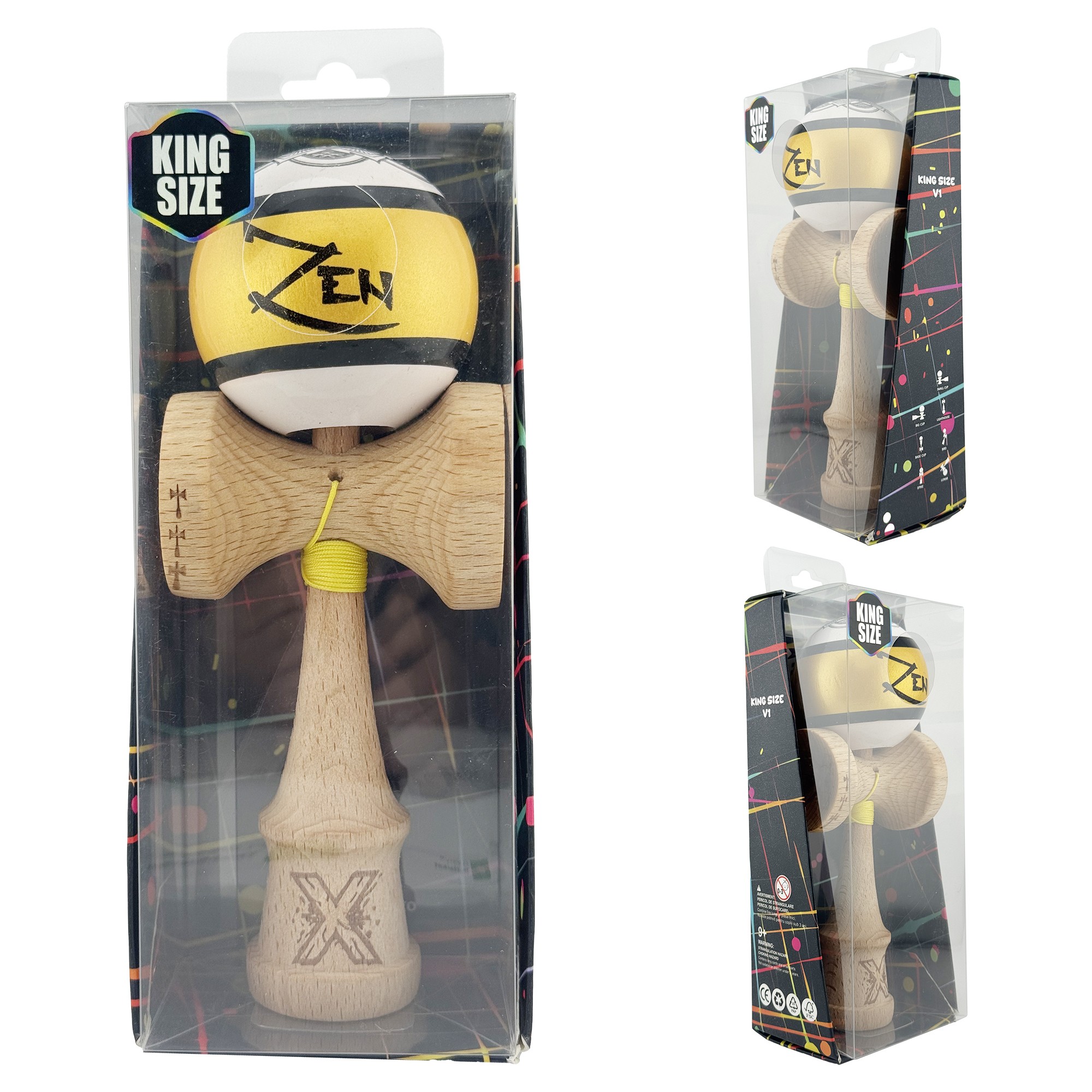 Kendama X ZEN Originala, Profesionala, Big Cups V2, Super Sticky Legendary Cupe Mari, Rulment Metalic cu Ata 55 cm, Auriu/Alb [4]