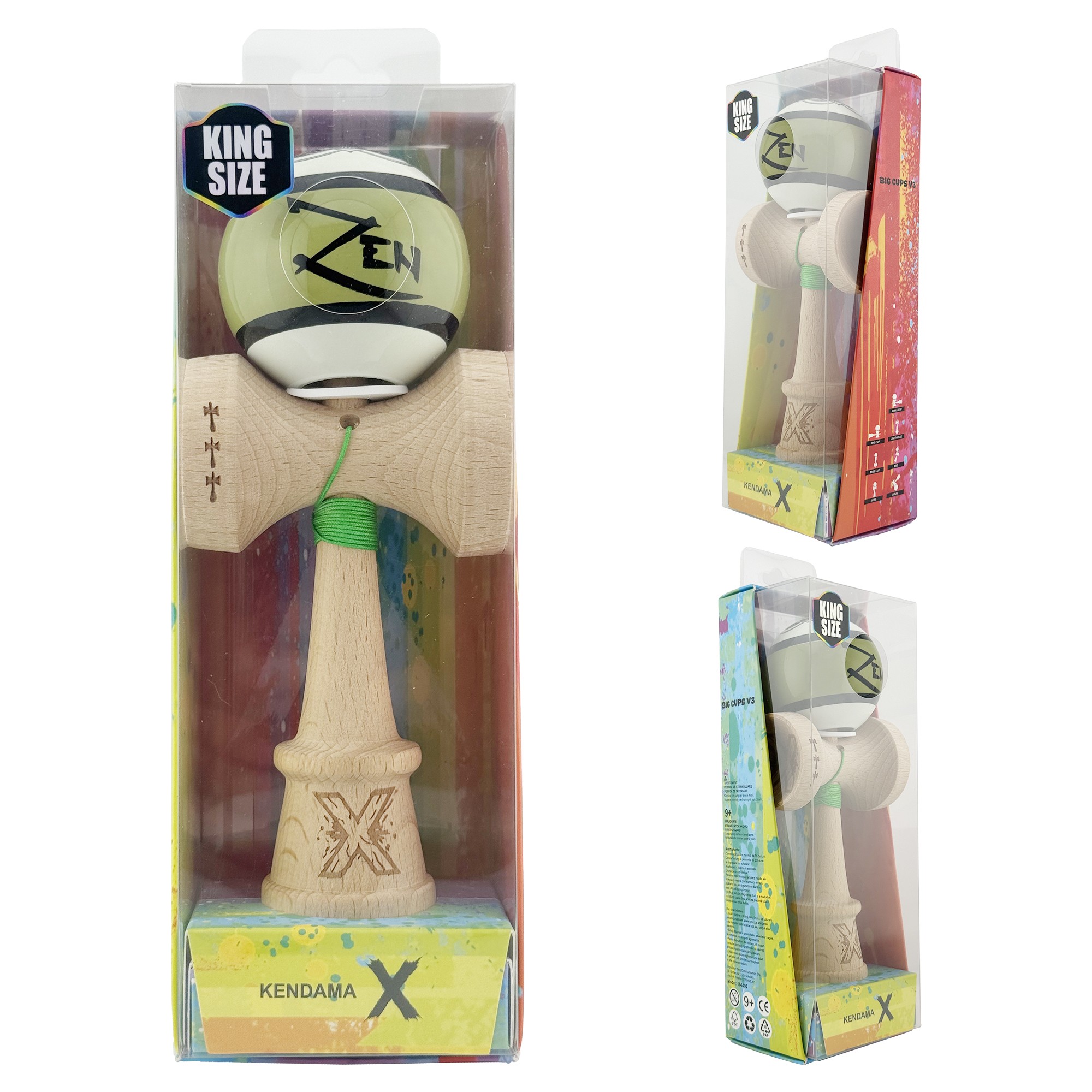 Kendama X Zen Series Originala, Profesionala, Cupe Mari KING SIZE V3, Super Sticky, Gaura in Baza, Rulment Metalic, din lemn 18 cm, Ata 55 cm, Verde [4]
