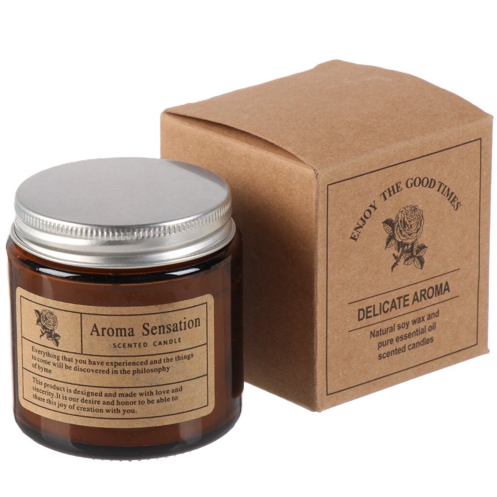 Lumanari - Lumanare Parfumata, Model Borcan Maro, Aroma de Ceai Alb Lychee, din Ceara Vegetala, 6 x 6.5 x 6.5 cm, Maro