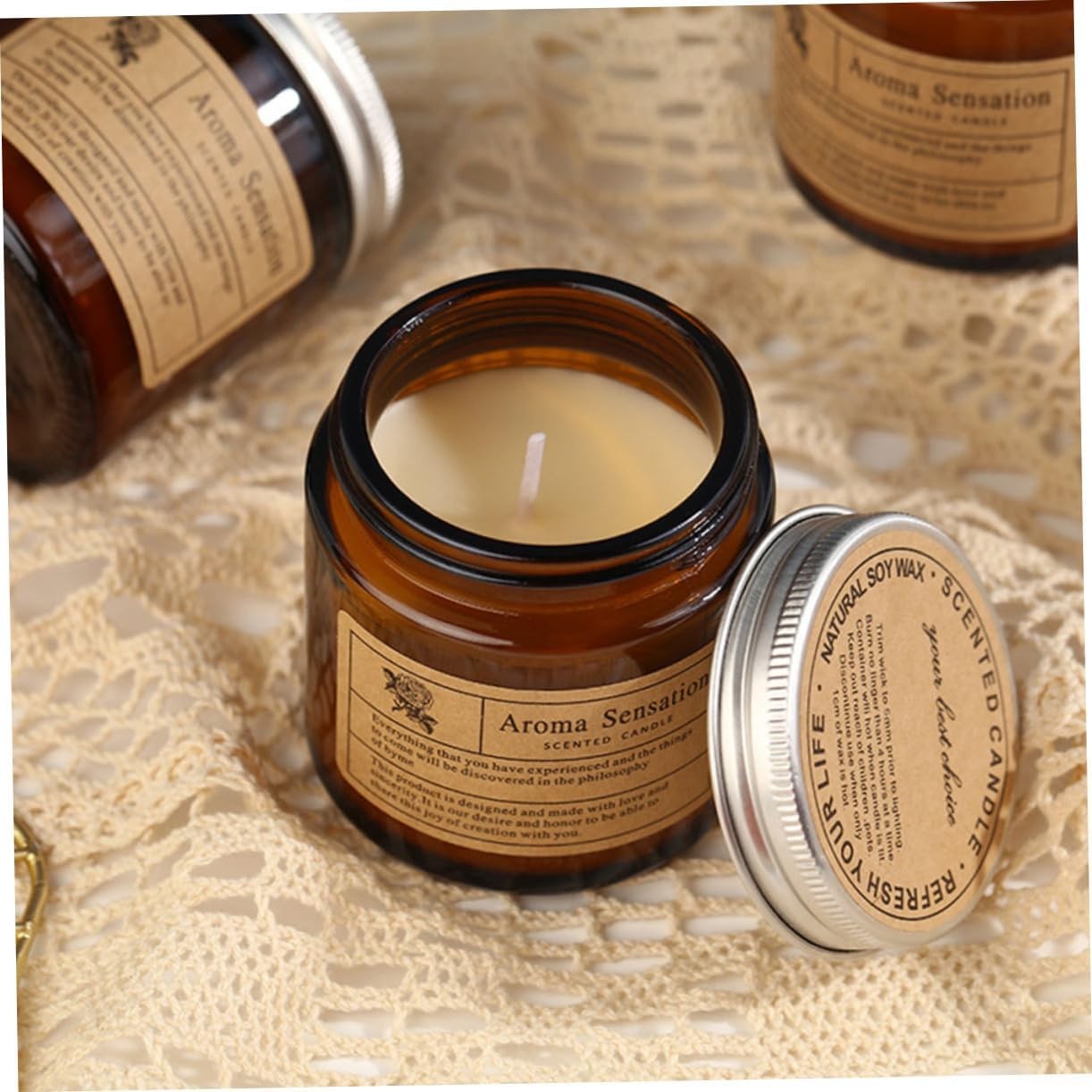 Lumanare Parfumata, Model Borcan Maro, Aroma de Clopotei, din Ceara Vegetala, 6 x 6.5 x 6.5 cm, Maro [5]