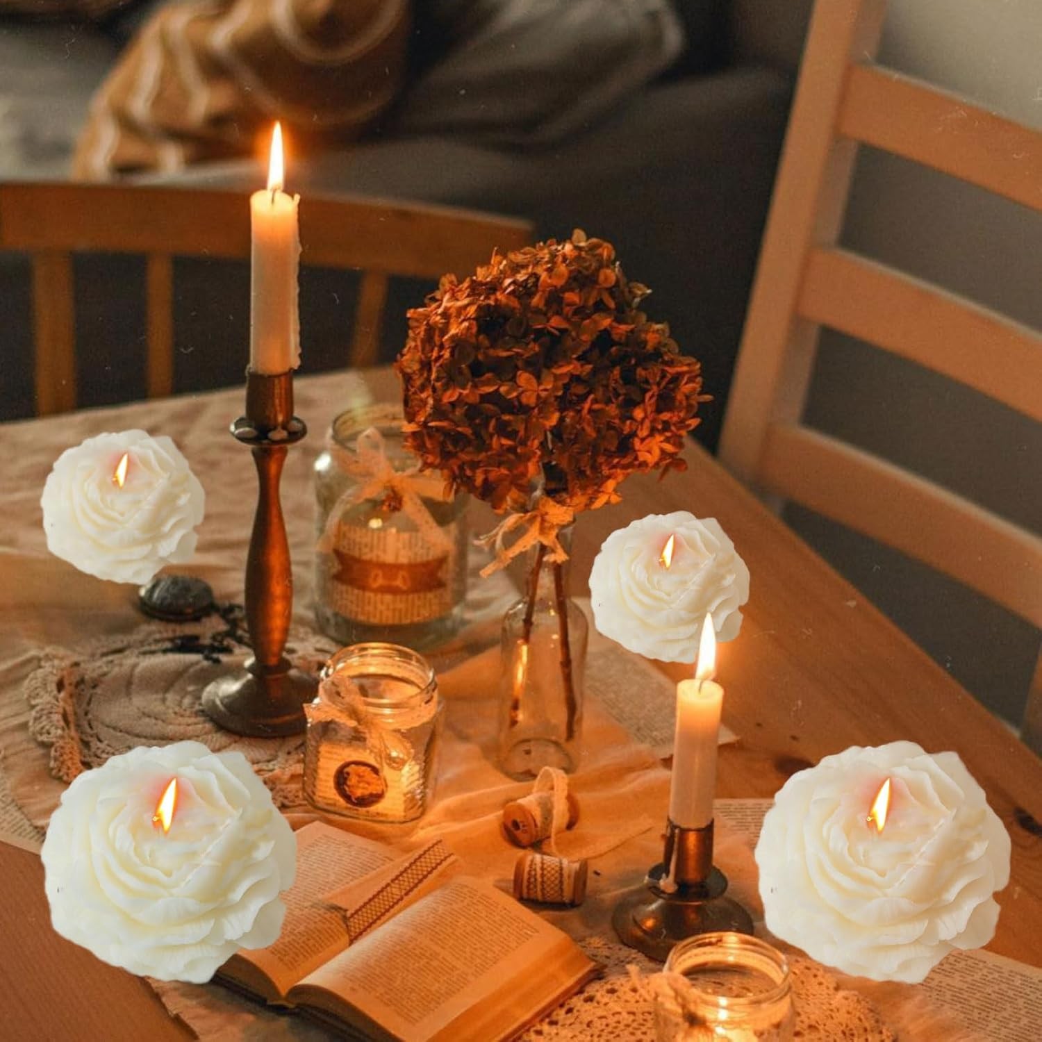 Lumanare Parfumata, Model Trandafir, Ardere 10h, 70 g, 7.5 x 3.5 cm, Parfum de Tuberoza, Alb [3]