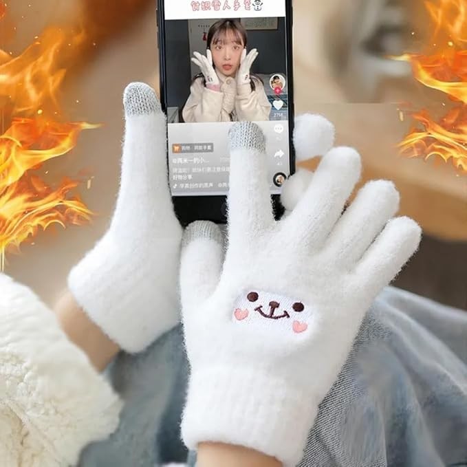 Manusi Dama, Model Fata Zambitoare, Functie Touchscreen (ecran tactil), Material Lana Brodata, Manseta Elastica, Interior Pufos, Marime Universala, Alb [1]