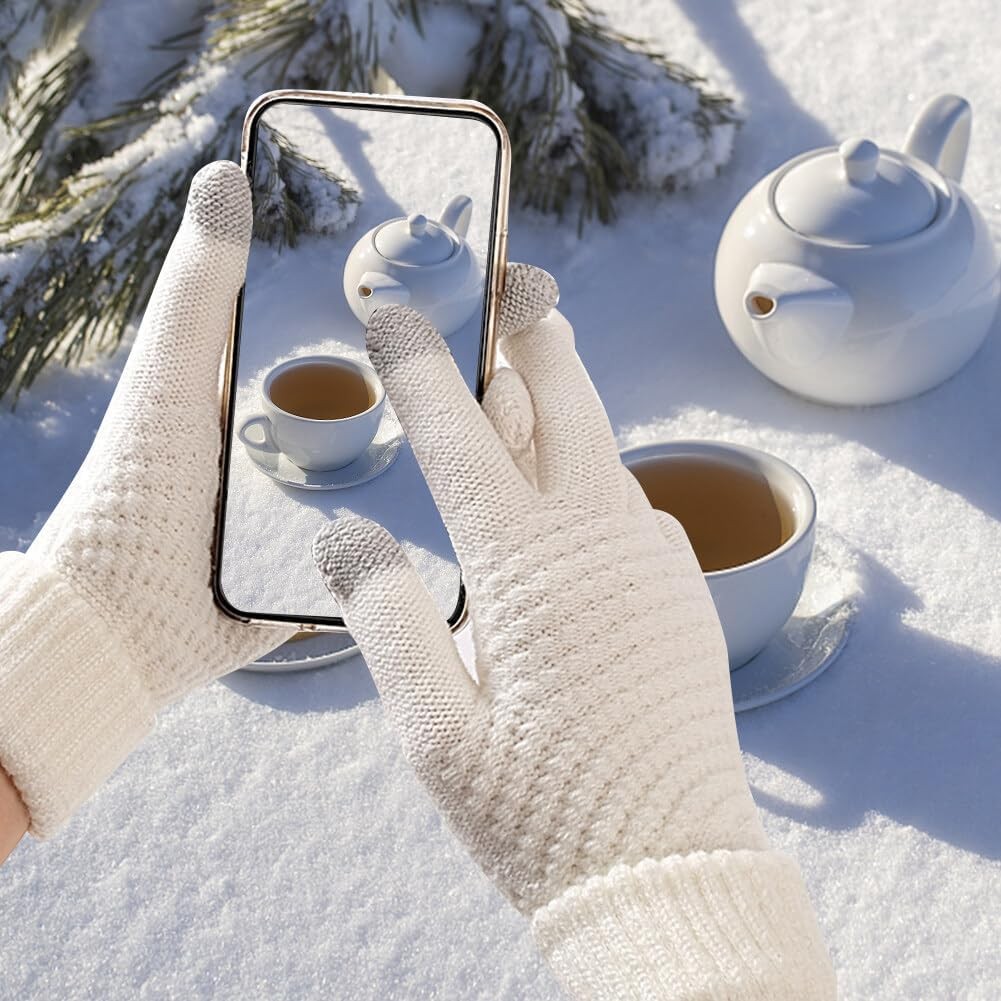 Manusi de Dama, Functie Touchscreen (ecran tactil), Material Acril Tricotat, Manseta Elastica, Interior Catifelat, Marime Universala, Alb [2]