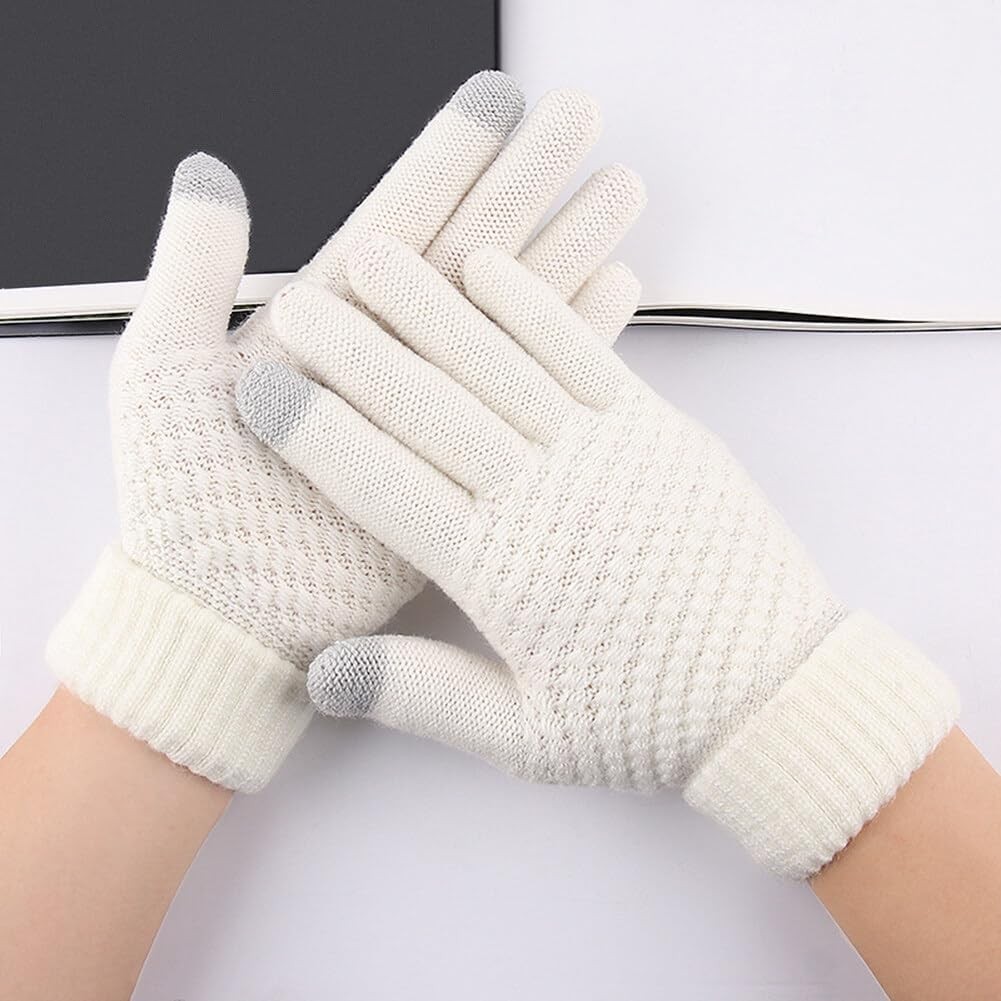 Manusi de Dama, Functie Touchscreen (ecran tactil), Material Acril Tricotat, Manseta Elastica, Interior Catifelat, Marime Universala, Alb [3]