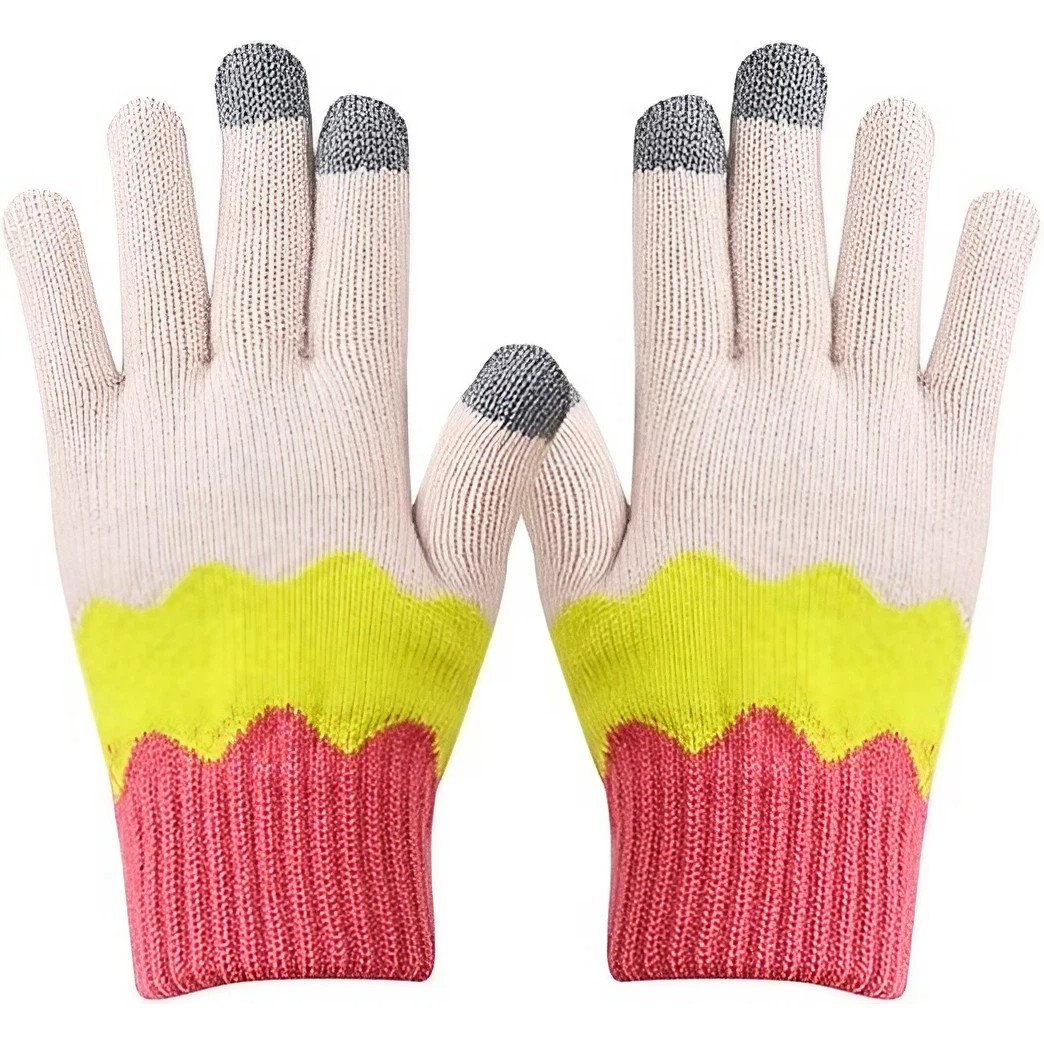 Perne Voiaj, Paturi si Textile - Manusi de Dama, Model Ondulat, Functie Touchscreen (ecran tactil), Material Acril Tricotat, Manseta Elastica, Interior Catifelat, Marime Universala, Galben/Roz