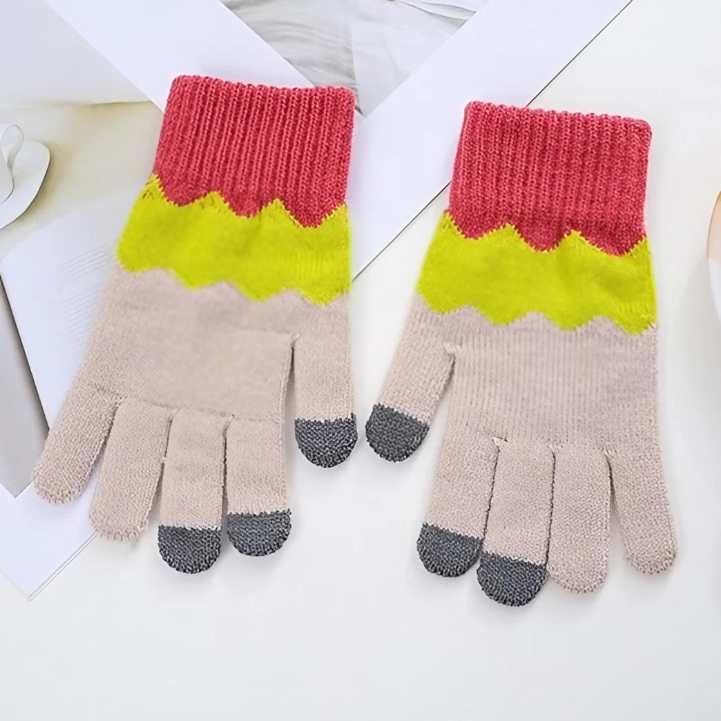 Manusi de Dama, Model Ondulat, Functie Touchscreen (ecran tactil), Material Acril Tricotat, Manseta Elastica, Interior Catifelat, Marime Universala, Galben/Roz [2]