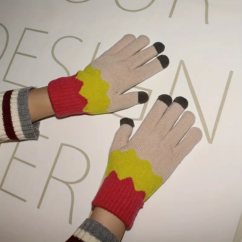 Manusi de Dama, Model Ondulat, Functie Touchscreen (ecran tactil), Material Acril Tricotat, Manseta Elastica, Interior Catifelat, Marime Universala, Galben/Roz [4]