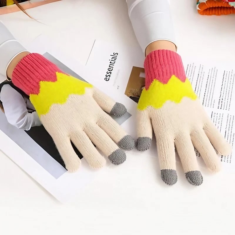 Manusi de Dama, Model Ondulat, Functie Touchscreen (ecran tactil), Material Acril Tricotat, Manseta Elastica, Interior Catifelat, Marime Universala, Galben/Roz [7]