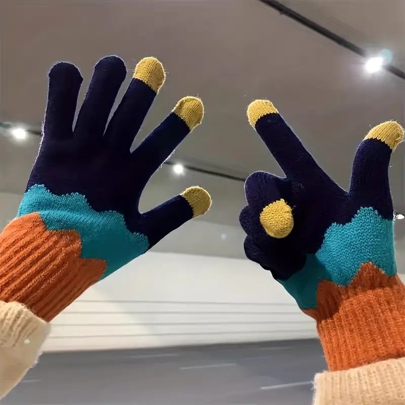 Manusi de Dama, Model Ondulat, Functie Touchscreen (ecran tactil), Material Acril Tricotat, Manseta Elastica, Interior Catifelat, Marime Universala, Portocaliu/Albastru [4]