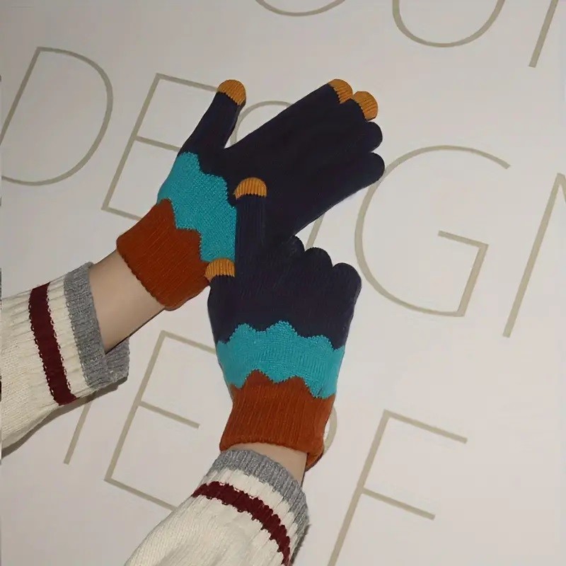 Manusi de Dama, Model Ondulat, Functie Touchscreen (ecran tactil), Material Acril Tricotat, Manseta Elastica, Interior Catifelat, Marime Universala, Portocaliu/Albastru [2]