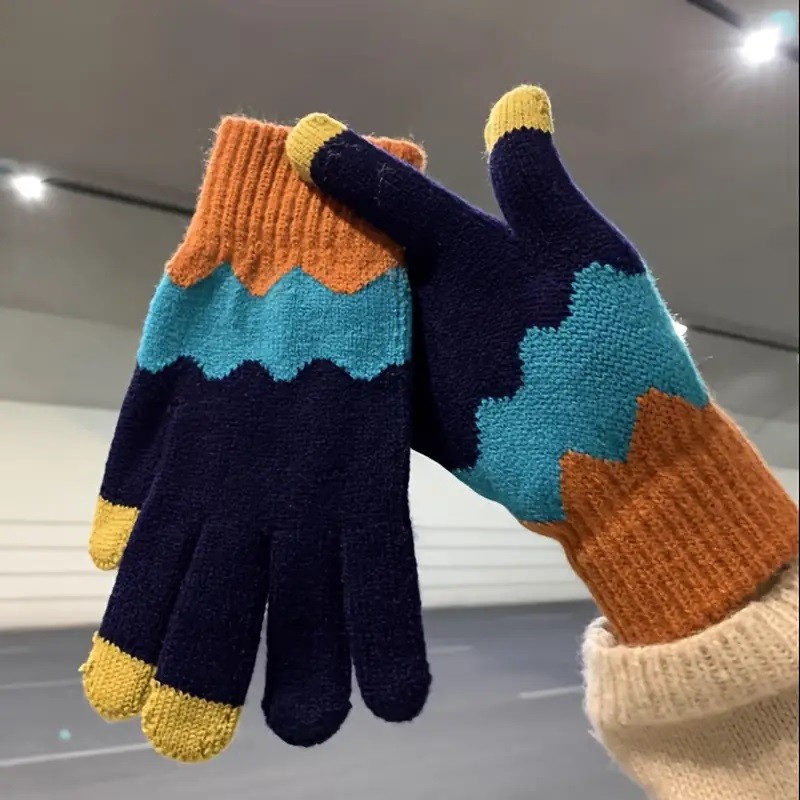 Manusi de Dama, Model Ondulat, Functie Touchscreen (ecran tactil), Material Acril Tricotat, Manseta Elastica, Interior Catifelat, Marime Universala, Portocaliu/Albastru [3]