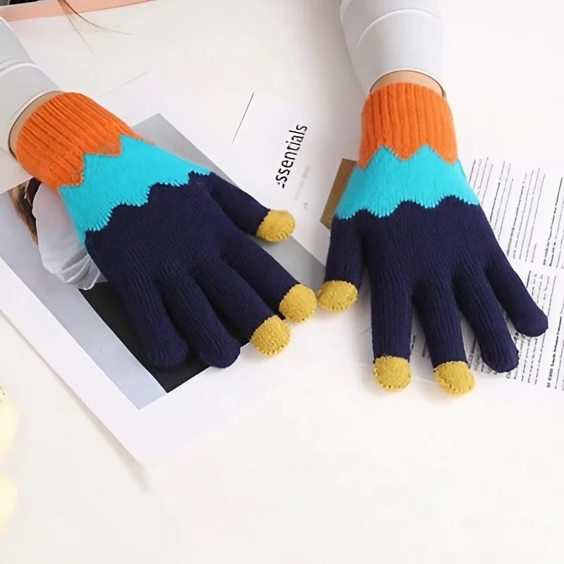 Manusi de Dama, Model Ondulat, Functie Touchscreen (ecran tactil), Material Acril Tricotat, Manseta Elastica, Interior Catifelat, Marime Universala, Portocaliu/Albastru [9]