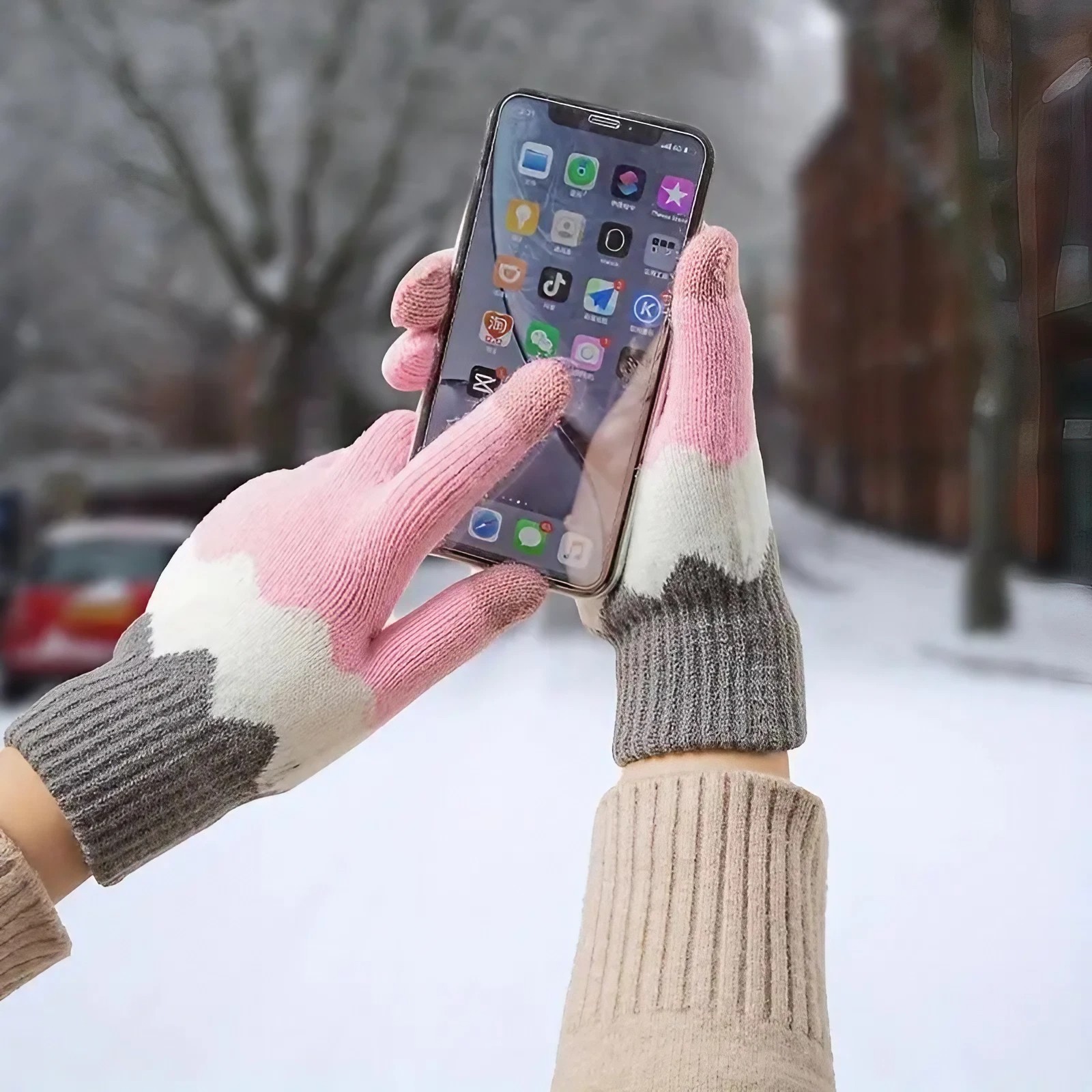 Manusi de Dama, Model Ondulat, Functie Touchscreen (ecran tactil), Material Acril Tricotat, Manseta Elastica, Interior Catifelat, Marime Universala, Roz/Gri [4]