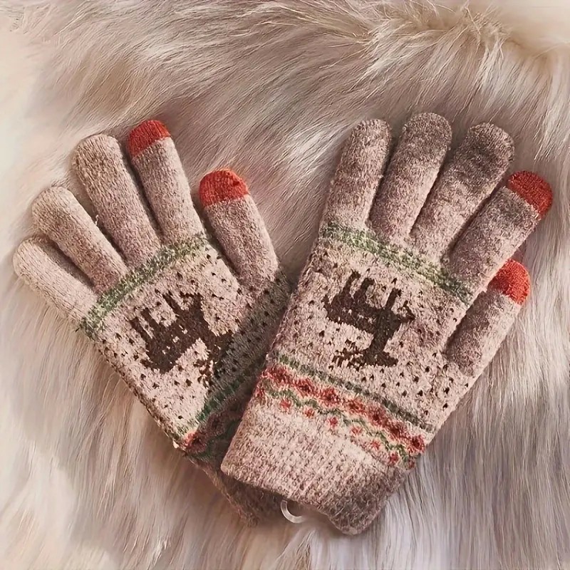 Manusi de Dama, Model Ren, Functie Touchscreen (ecran tactil), Material Acril Tricotat, Manseta Elastica, Interior Catifelat, Marime Universala, Kaki [8]