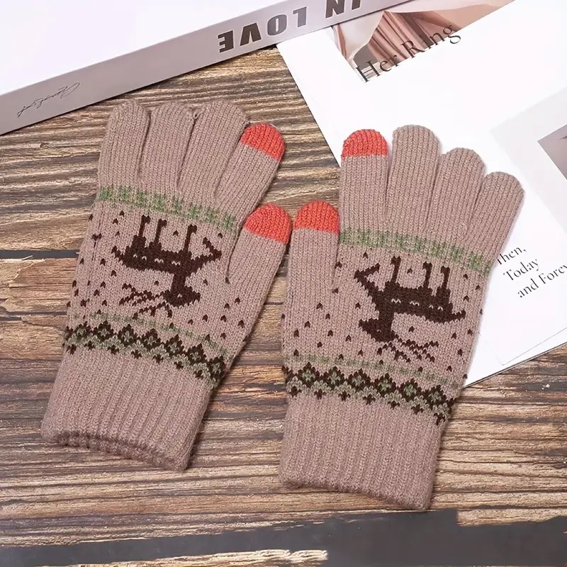 Manusi de Dama, Model Ren, Functie Touchscreen (ecran tactil), Material Acril Tricotat, Manseta Elastica, Interior Catifelat, Marime Universala, Kaki [9]