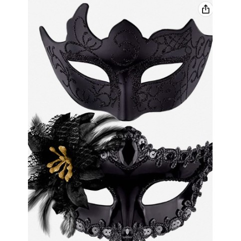 Articole Petrecere - Set 2 Masti de Cuplu, pentru Carnaval, Bal Mascat, Marime Universala, Model Floare Laterala si Margele, Model Clasic, Negru texturat