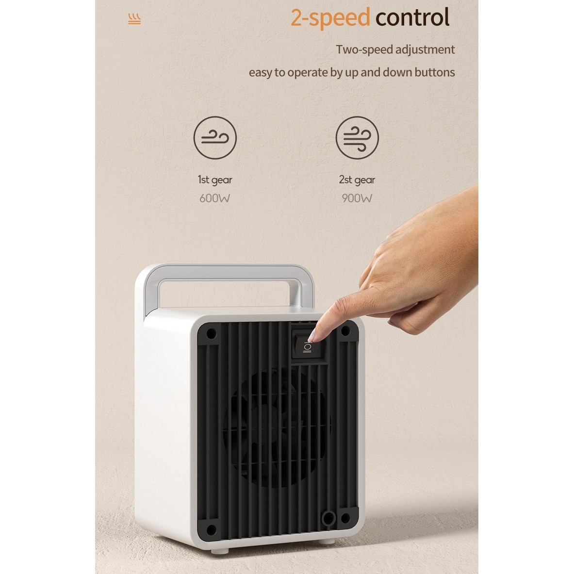 Mini Aeroterma, Mini Radiator Electric, Putere 900 W, Buton cu 2 Trepte de Temperatura, Inchidere Automata, cu Maner de Prindere, 15x10.3x21 cm, Alb/ Negru [4]