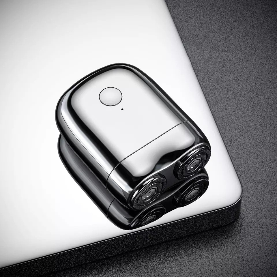 Mini Aparat de Ras Electric, din ABS cu Fibra de Carbon, Portabil, Cap Rotativ Detasabil cu 2 Lame de Otel, Rezistent la Apa, Incarcare Type-C, Autonomie 45 min, Argintiu [3]