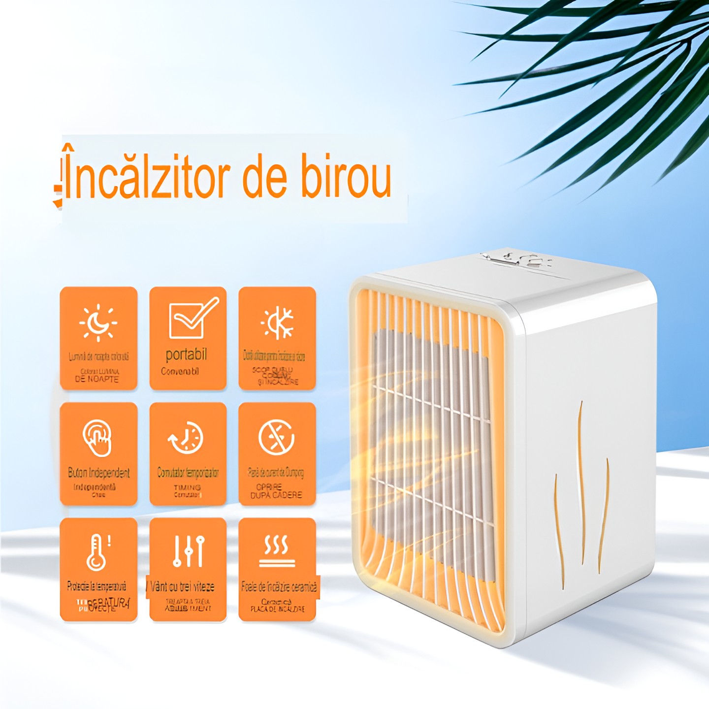 Mini Incalzitor pentru Birou, Incalzire si Racire, 1000-1200W, cu Lumini, cu Maner, Lungime Cablu 1.5 m, 3 Trepte de Temperatura, 15.3x13.8x22.5 cm, Alb [7]