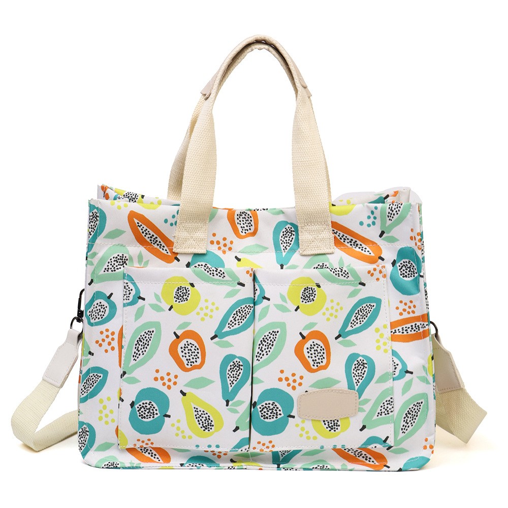 Articole si, Echipamente pentru Transport şi Ridicat - Geanta de Mana/Umar, Multifunctionala, Inchidere cu Capsa, Imprimeu Fructe, Material Textil, 33.5 x 25 x 14.5 cm, Multicolor