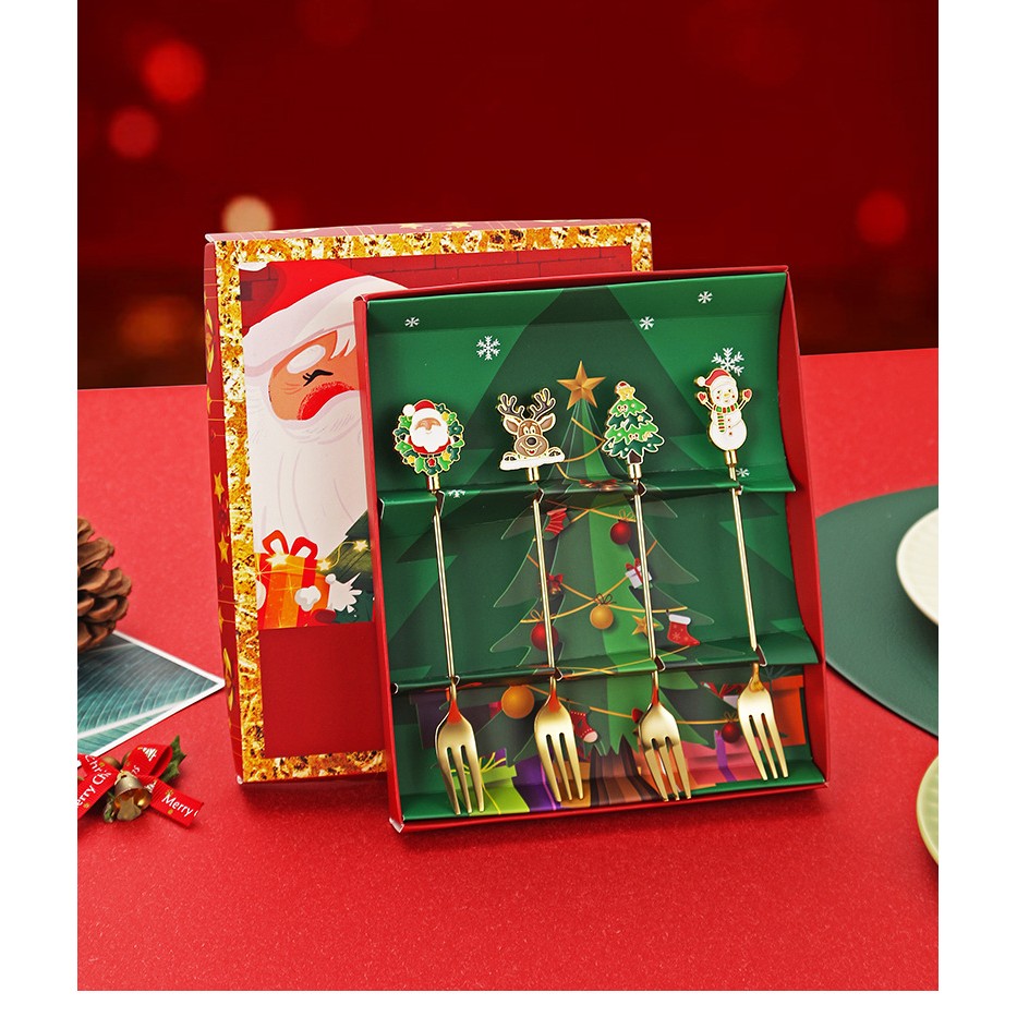 Set 4 Furculite, Tema Craciun, Model Carry The Merry, 4 Modele, din Otel Inoxidabil, 19.5 x 16 x 2 cm, Multicolor [9]