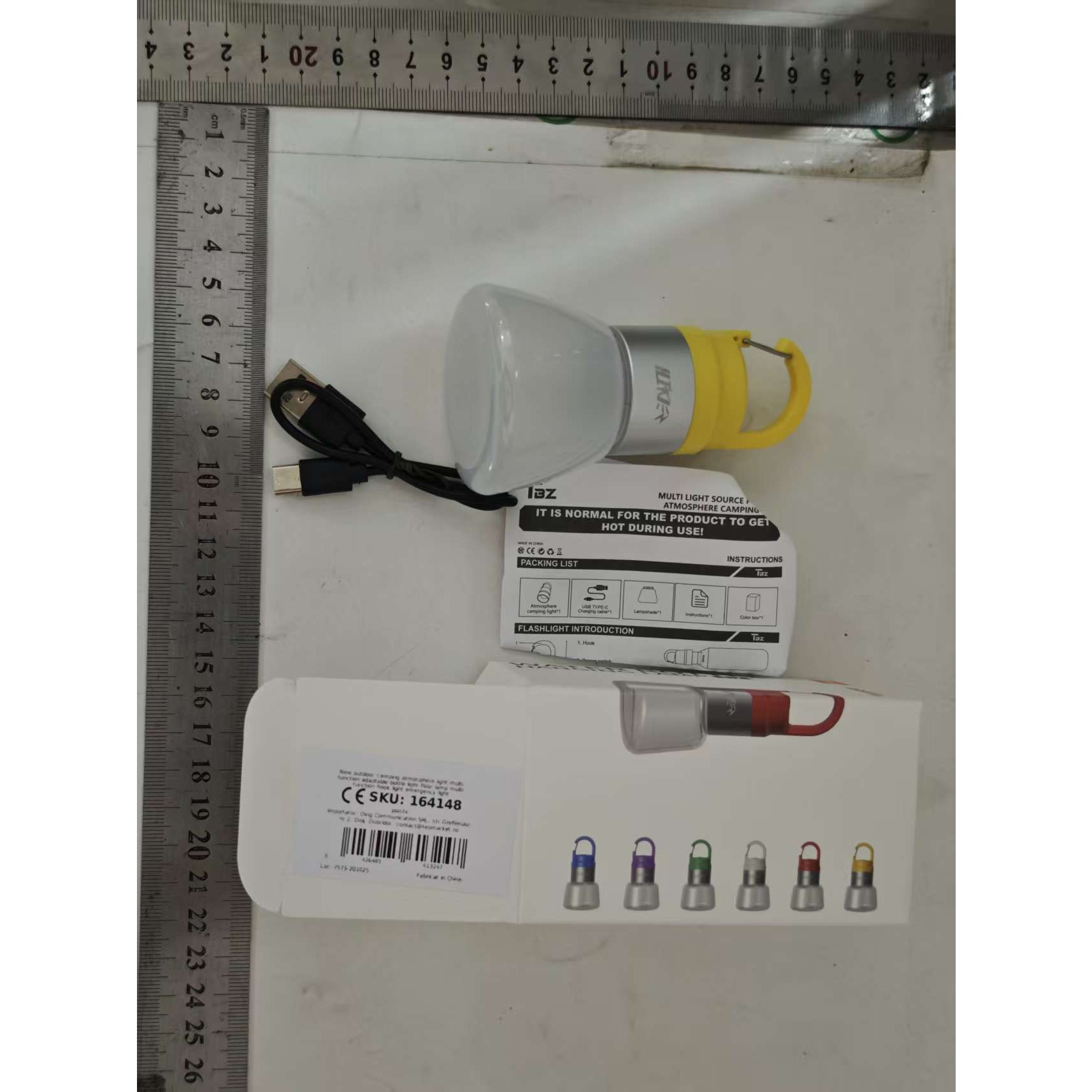 Lampa Portabila, de Voiaj/Camping, Incarcare USB, IPX5, LED RGB, din ABS, 300 mAh, 10 x 5.5 x 5.5 cm, Galben [5]