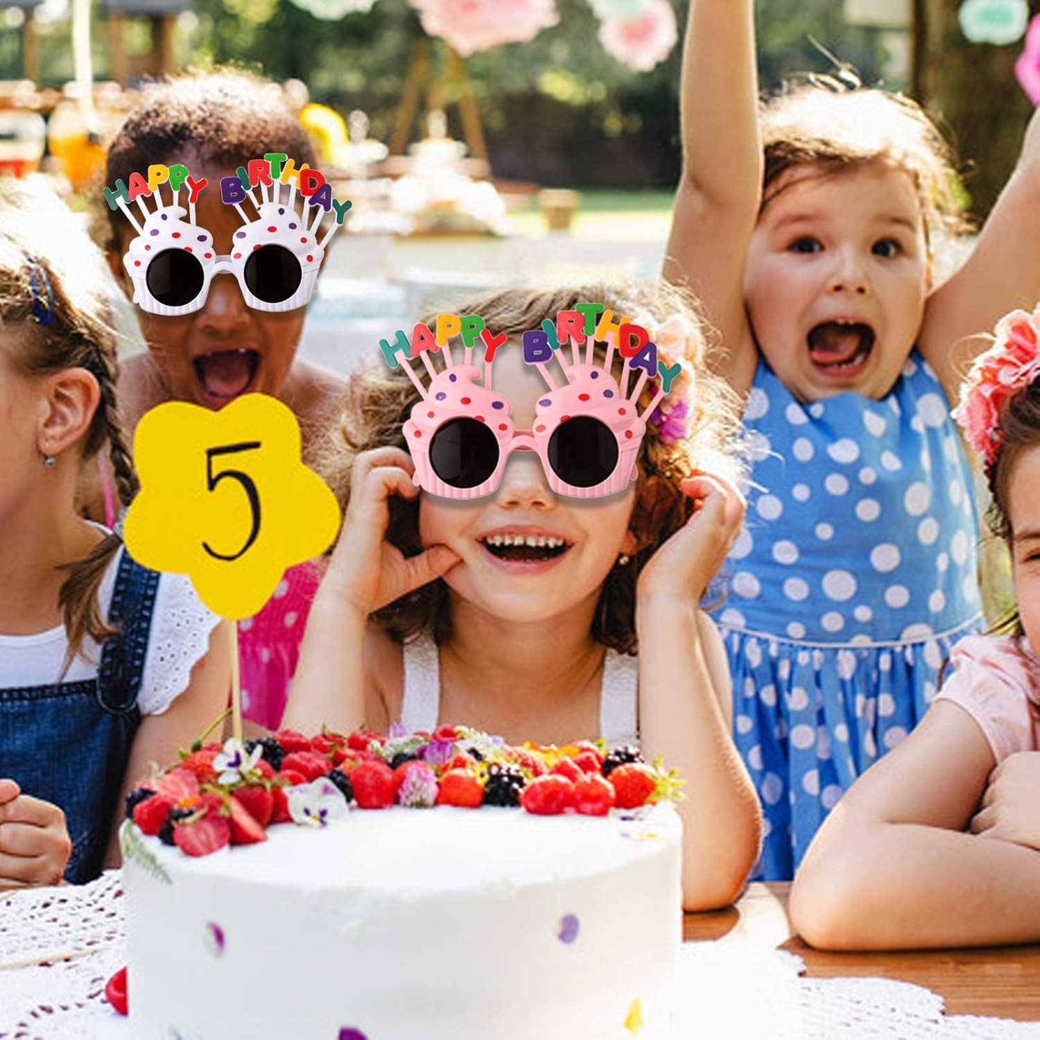 Ochelari Happy Birthday, Tematica Aniversare, Protectie Soare, din Plastic, Model Prajiturele, 18.5x11.5 cm, Roz [3]