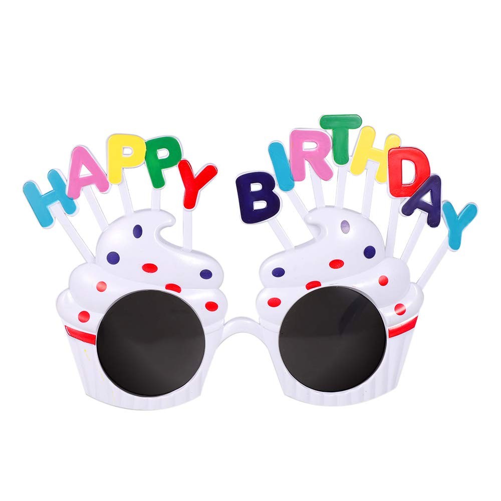Accesorii Petrecere - Ochelari Happy Birthday, Tematica Aniversare, Protectie Soare, din Plastic, Model Prajiturele, 18.5x11.5 cm, Alb