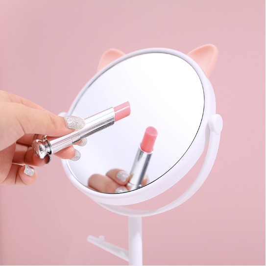 Oglina Cosmetica cu Picior, HD, Rotire 360 Grade, 15 cm Diametru, Suport Bijuterii Baza Rotunda + 2 Brate, Model cu Urechi, 31 x 14.5 x 15 cm, din Plastic, Alb [6]