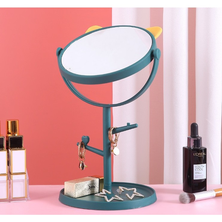 Oglina Cosmetica cu Picior, HD, Rotire 360 Grade, 15 cm Diametru, Suport Bijuterii Baza Rotunda + 2 Brate, Model cu Urechi, 31 x 14.5 x 15 cm, din Plastic, Albastru/Galben [3]
