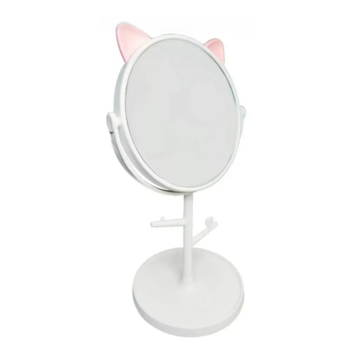 Oglina Cosmetica cu Picior, HD, Rotire 360 Grade, 15 cm Diametru, Suport Bijuterii Baza Rotunda + 2 Brate, Model cu Urechi, 31 x 14.5 x 15 cm, din Plastic, Alb [4]