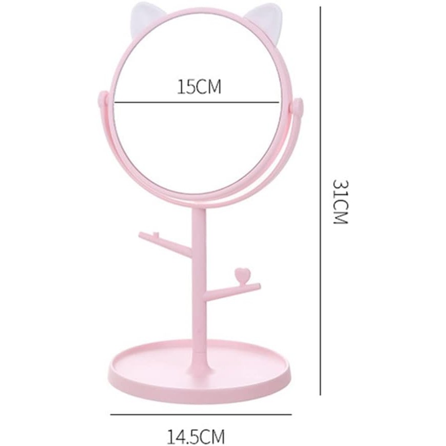 Oglina Cosmetica cu Picior, HD, Rotire 360 Grade, 15 cm Diametru, Suport Bijuterii Baza Rotunda + 2 Brate, Model cu Urechi, 31 x 14.5 x 15 cm, din Plastic, Roz/Alb [1]