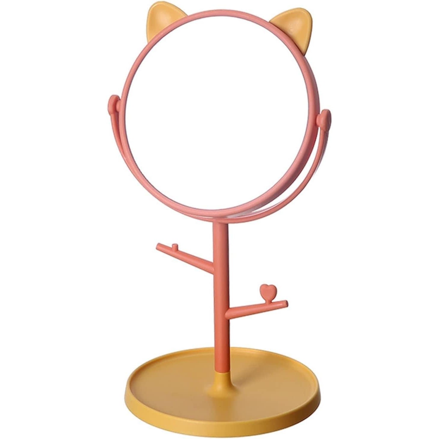 Accesorii Machiaj si Trimmere - Oglina Cosmetica cu Picior, HD, Rotire 360 Grade, 15 cm Diametru, Suport Bijuterii Baza Rotunda + 2 Brate, Model cu Urechi, 31 x 14.5 x 15 cm, din Plastic, Portocaliu/Galben