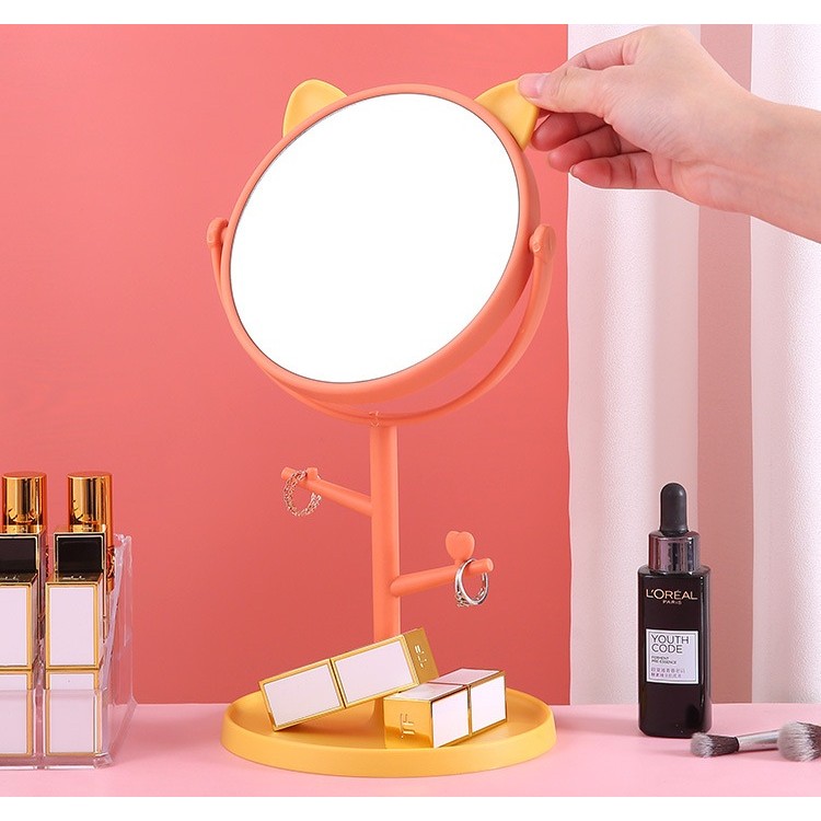 Oglina Cosmetica cu Picior, HD, Rotire 360 Grade, 15 cm Diametru, Suport Bijuterii Baza Rotunda + 2 Brate, Model cu Urechi, 31 x 14.5 x 15 cm, din Plastic, Portocaliu/Galben [3]