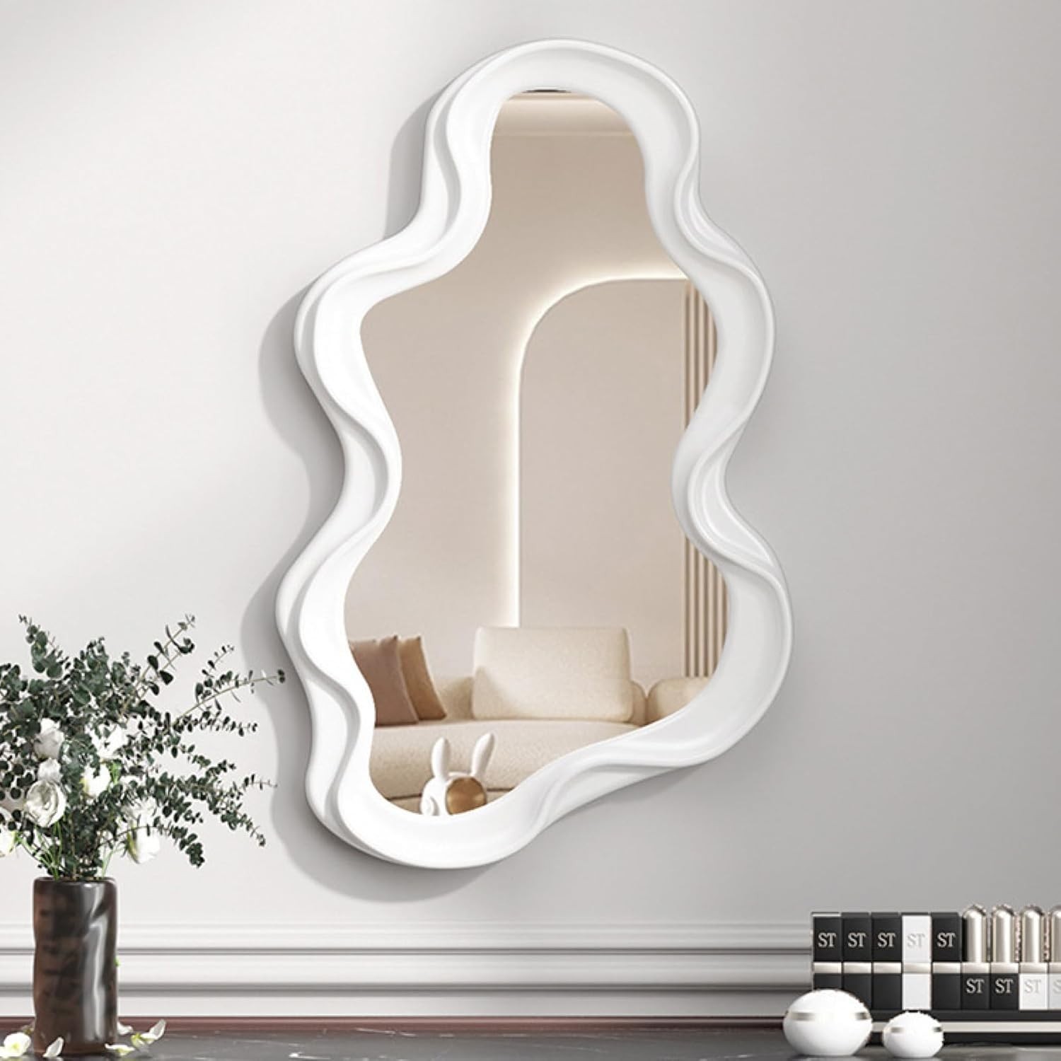 Oglinda de Perete, Decorativa, pentru Baie, Dormitor, Sufragerie, Model Minimalist in Forma de Nor, 41x26 cm, Alb [5]