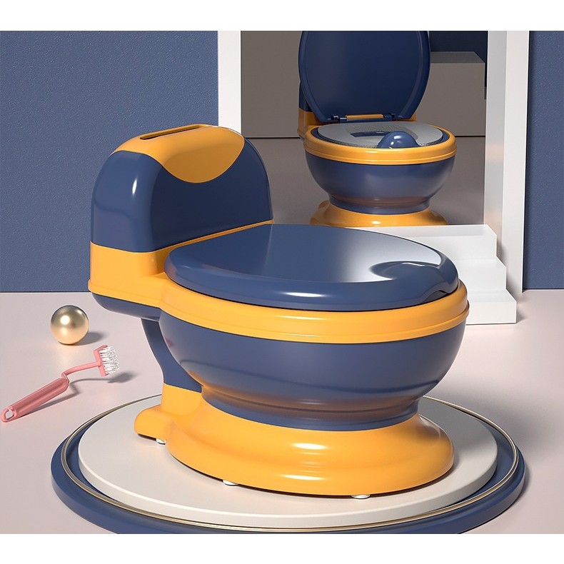 Olita Bebelusi, pentru Copii 1 - 8 Ani, Model Toaleta Adulti, Colac Moale PVC, Compartiment Detasabil, Cutie Depozitare Hartie, 34 x 32 x 19 cm, Albastru/Portocaliu [4]