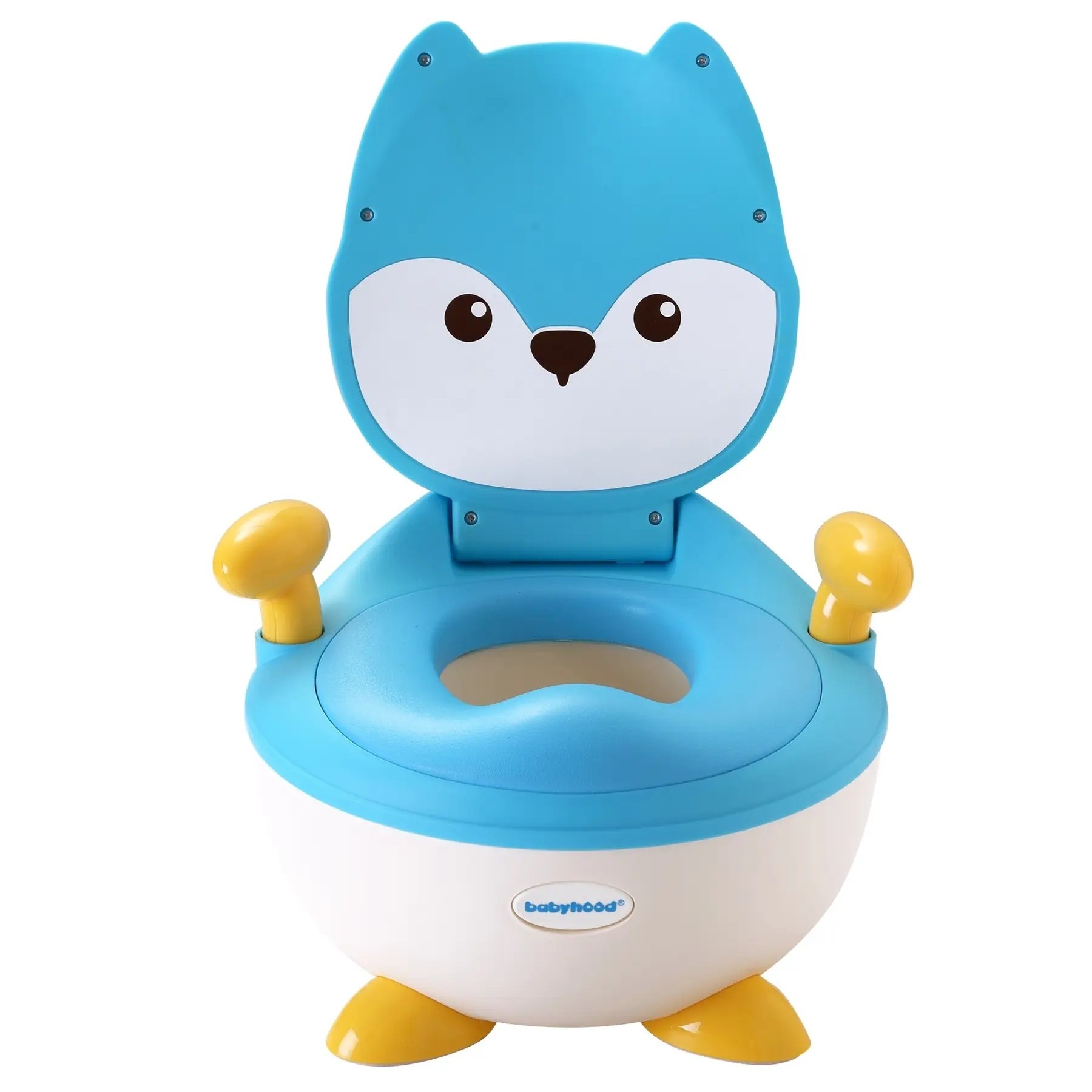 Articole pentru baie - Olita pentru Copii, +6 luni, Compartiment Detasabil, cu Capac, Antiderapanta, din Plastic, Colac Moale, Model Animat Vulpe, cu Maner, 34.5 x 35 x 23 cm, Albastru/Alb