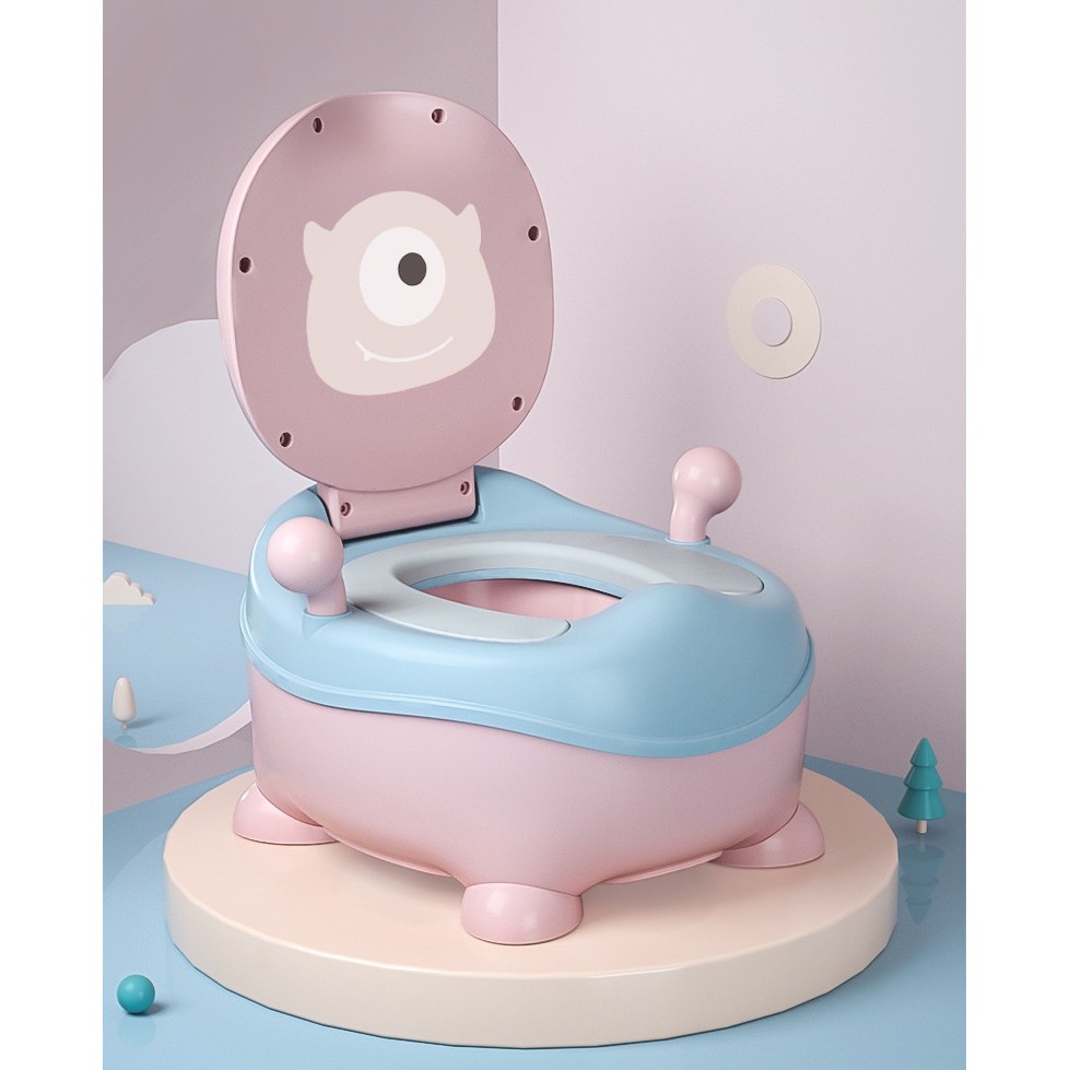 Olita pentru Copii, +6 luni, Compartiment Detasabil, cu Capac, Antiderapanta, din Plastic, Colac Moale, Model Animat Ciclop, cu Maner, 33 x 21 x 45 cm, Albastru/Roz [5]