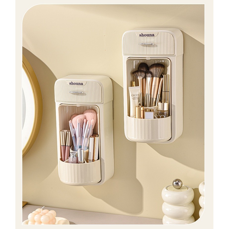 Organizator Baie, 4 Compartimente si 1 Sertar, Rotire 360 Grade, din PP+PET, 27.5 x 16 x 11 cm, Crem [1]