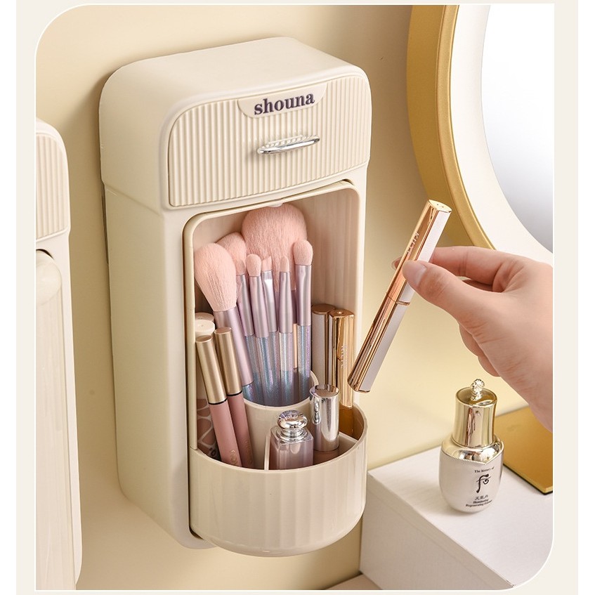 Organizator Baie, 4 Compartimente si 1 Sertar, Rotire 360 Grade, din PP+PET, 27.5 x 16 x 11 cm, Crem [2]