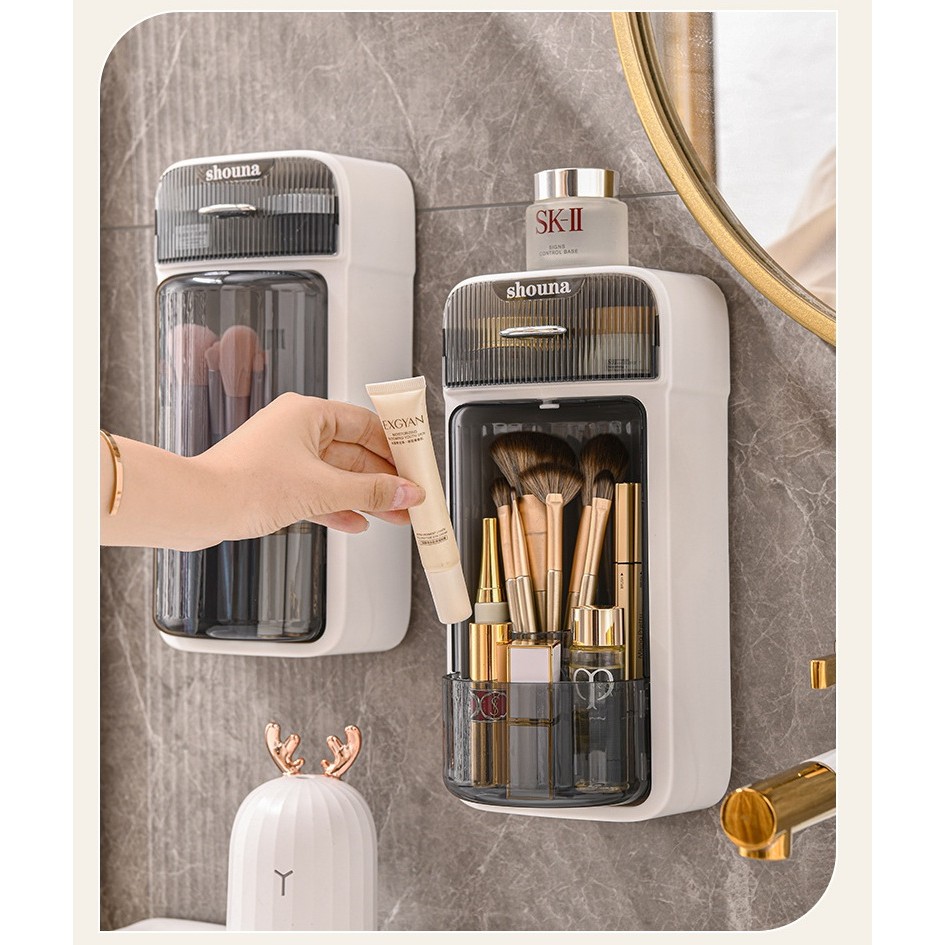 Organizator Baie, 4 Compartimente si 1 Sertar, Rotire 360 Grade, din PP+PET, 27.5 x 16 x 11 cm, Alb/Negru [3]