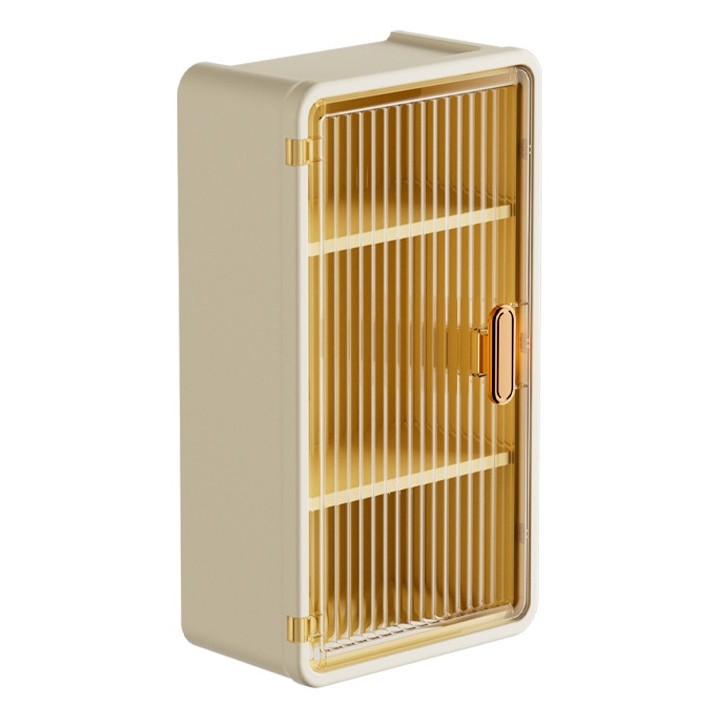 Articole pentru baie - Organizator Cosmetice, Montare pe Perete fara Perforare, 36.5x10.9x20 cm, cu 3 Rafturi, din PP si ABS, Bej, Usa Transparenta