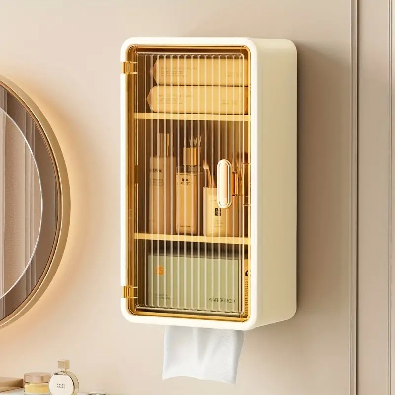 Organizator Cosmetice, Montare pe Perete fara Perforare, 36.5x10.9x20 cm, cu 3 Rafturi, din PP si ABS, Bej, Usa Transparenta [3]