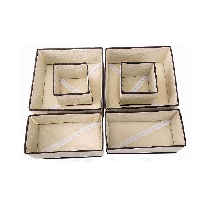 Cutii depozitare - Organizator pentru Sertar, 3 Marimi, pentru Lenjerie, Tricouri, Sosete, 6 Piese, Pliabil, Stivuibil, din Tesatura, Alb/Maro